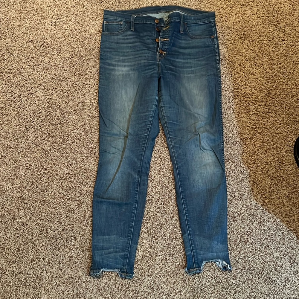 Madewell women’s jeans; 10” high rise skinny stretch jeans; sz 32; button fly